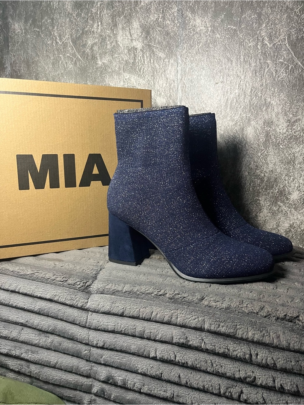 MIA Navy Sparkle Knit Block Heel Booties